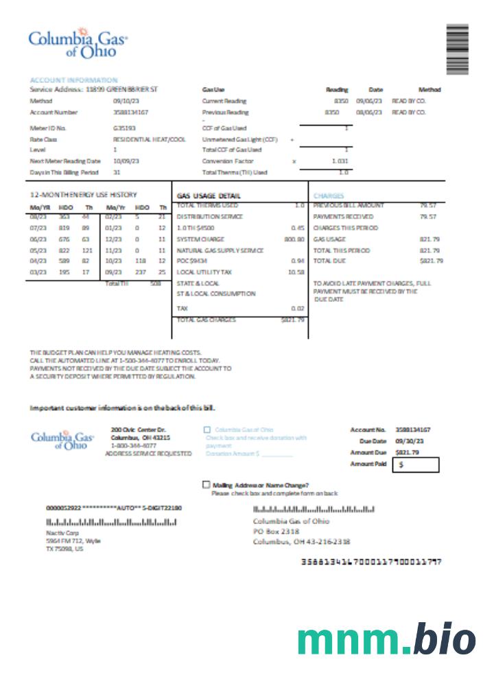 Columbia Gas of Ohio rachunek za usługi komunalne